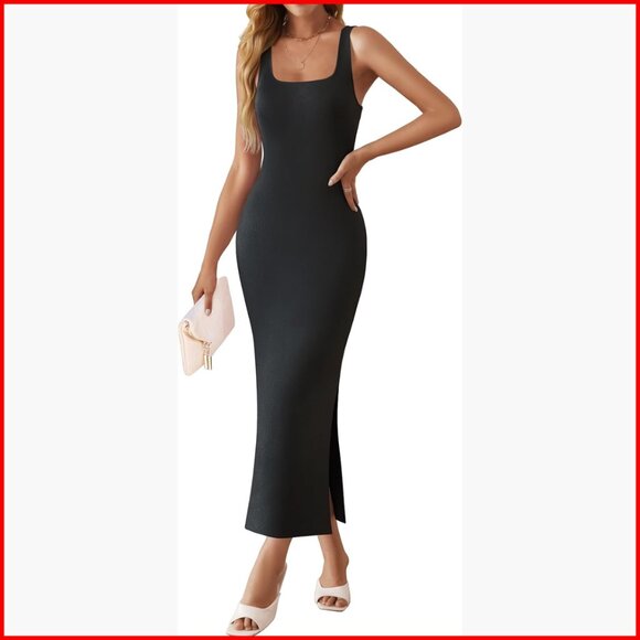 Dresses & Skirts - Sleeveless Square Neck Bodycon Midi Dress Side Slit Knit Casual